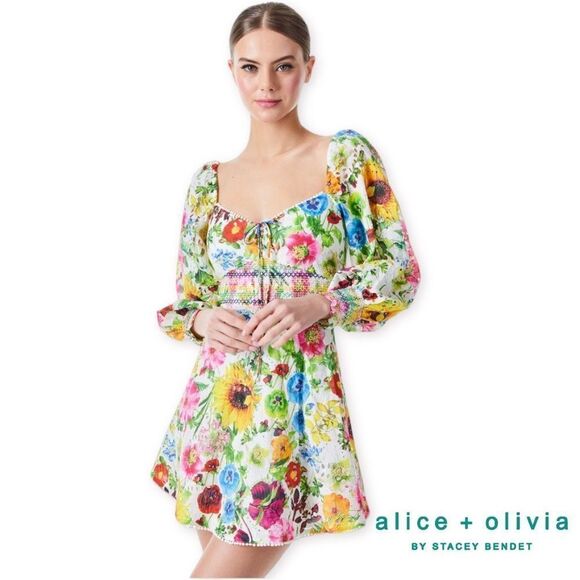 Alice + Olivia **NWT** Crawford Smocked Floral Sweetheart Mini Dress - Picture 2 of 16